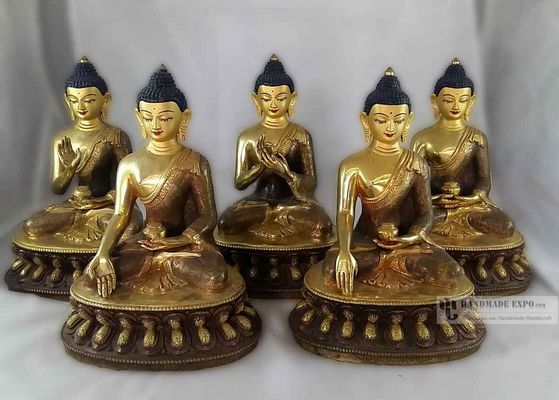 Five Statue Of Dhayani Buddha Set- [partly Fire Gold Plated], With [painted Face]