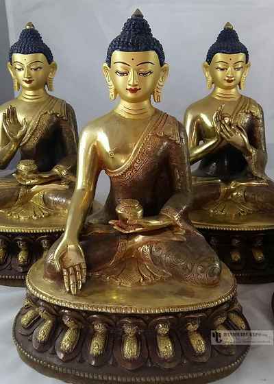 Five Statue Of Dhayani Buddha Set- [partly Fire Gold Plated], With [painted Face]