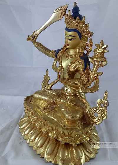 [master Quality] Statue Of Manjushri- [full Fire Gold Plated], With [painted Face]