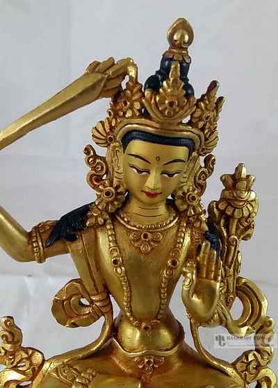 Statue Of Manjushri- [full Fire Gold Plated] With [painted Face]