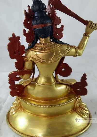 Statue Of Manjushri- [full Fire Gold Plated] With [painted Face]