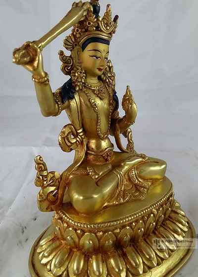 Statue Of Manjushri- [full Fire Gold Plated] With [painted Face]