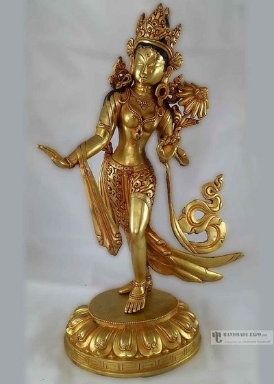 Statue Of Dancing Tara- Solid Piece With Full Fire Gold Plating And Deep Carving