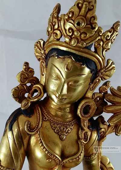 Statue Of Dancing Tara- Solid Piece With Full Fire Gold Plating And Deep Carving