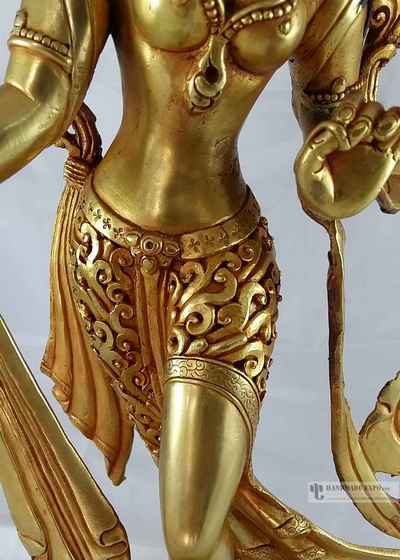 Statue Of Dancing Tara- Solid Piece With Full Fire Gold Plating And Deep Carving