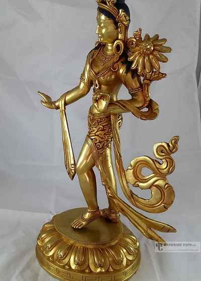 Statue Of Dancing Tara- Solid Piece With Full Fire Gold Plating And Deep Carving