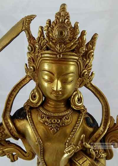 Statue Of Manjushri - [full Fire Gold Plated] With Double Lotus Base