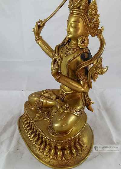 Statue Of Manjushri - [full Fire Gold Plated] With Double Lotus Base