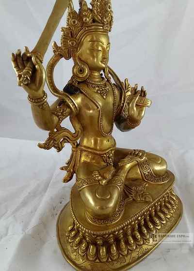 Statue Of Manjushri - [full Fire Gold Plated] With Double Lotus Base