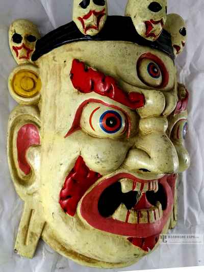 White Mahakala Head [painted] Wooden Mask For Decorative Wall Hangings, [painted], Poplar Wood