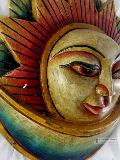 Sun And Moon Design White [painted] Wooden Mask For Decorative Wall Hangings, [painted], Poplar Wood