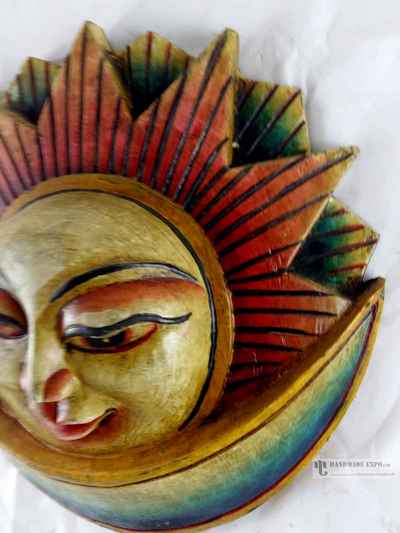 Sun And Moon Design White [painted] Wooden Mask For Decorative Wall Hangings, [painted], Poplar Wood