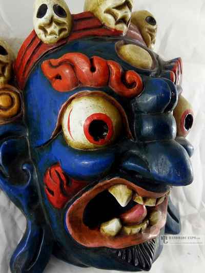 Black Mahakala Head [painted] Wooden Mask For Decorative Wall Hangings, [painted], Poplar Wood