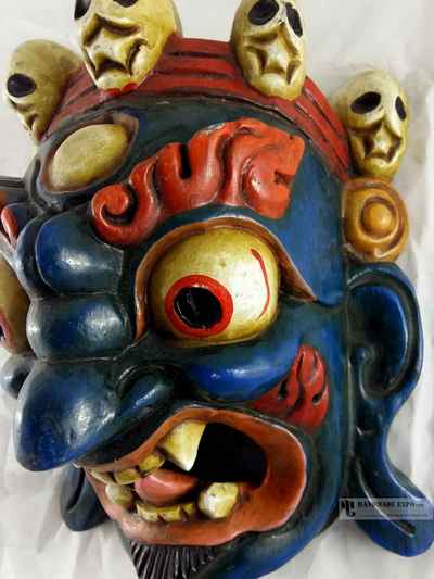 Black Mahakala Head [painted] Wooden Mask For Decorative Wall Hangings, [painted], Poplar Wood