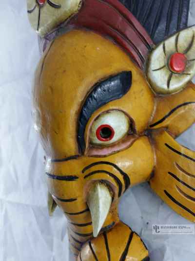 Ganesh Head [painted] Wooden Mask For Decorative Wall Hangings, [painted], Poplar Wood