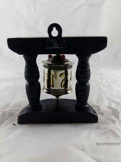 White Metal Prayer Wheel On Wooden Frame, Wall Mountable