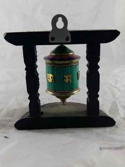 Brass Prayer Wheel On Wooden Frame- [stone Setting], Wall Mountable