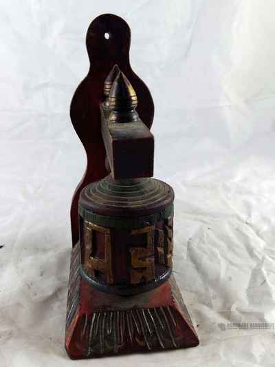 Wooden Prayer Wheel On Wooden Stand, Wall Mountable