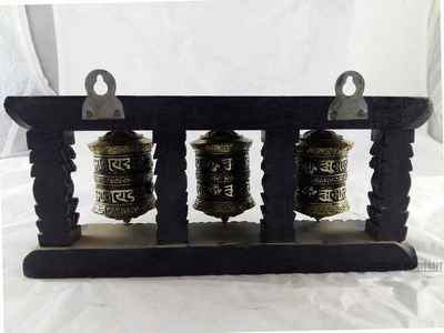 Three Prayer Wheel Set On Wooden Frame - Small, Wall Mountable