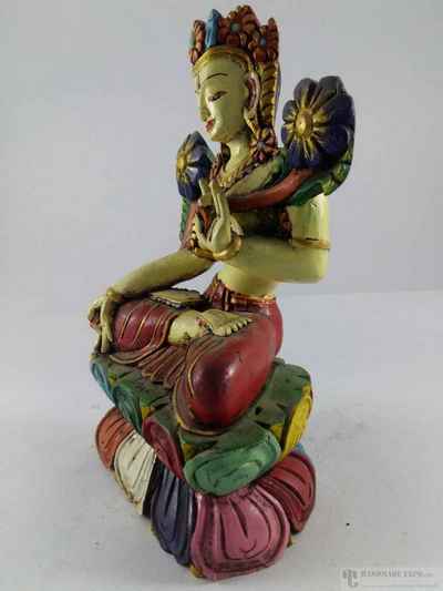 Wooden White Tara Statue - Painted, Haldu Wood