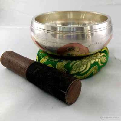 Casting Singing Bowl With Silver Plating, Ashtamangala Carving And Om Mani Padme Home Engraved