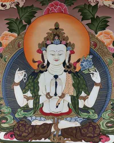 Tibetan Thangka Chenrezig With Pancha Buddha, Manjushri And Vajrapani [real Gold]