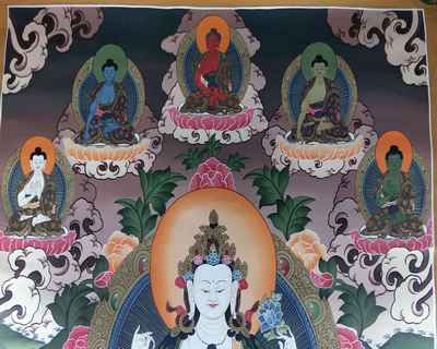 Tibetan Thangka Chenrezig With Pancha Buddha, Manjushri And Vajrapani [real Gold]