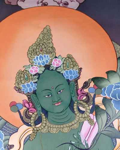 Tibetan Thangka Green Tara With Manjushri And Vajrapani [real Gold]