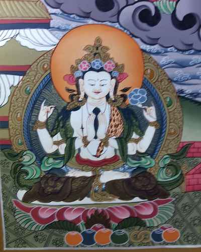Tibetan Thangka Manjushri With Chenrezig And Vajrapani