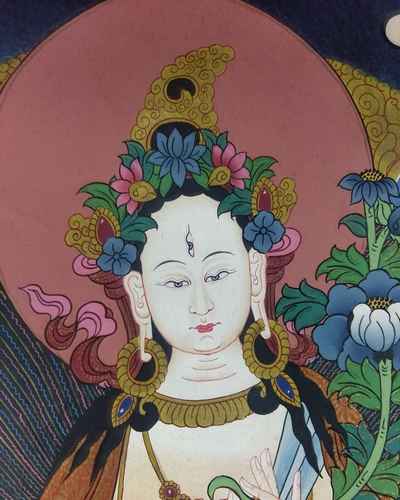 Tibetan Long Life Thangka White Tara With Aparimita And Namgyalma [real Gold]