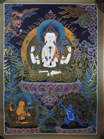 Changrezig Thangka With Manjushri And Vajrapani