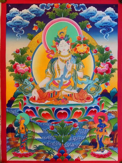 White Tara Thangka Of With Vibrant Colors [hq], [real Gold], [old Post], [remakable]