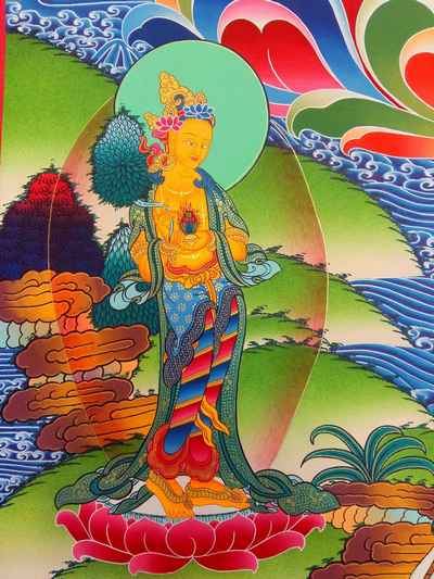 White Tara Thangka Of With Vibrant Colors [hq], [real Gold], [old Post], [remakable]