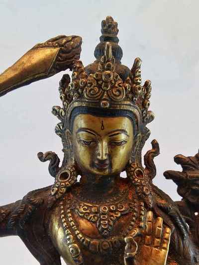 Manjushri Statue - Antique Finishing With Gold Plating