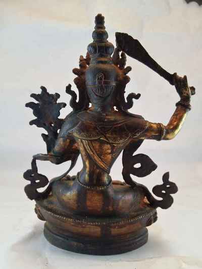 Manjushri Statue - Antique Finishing With Gold Plating