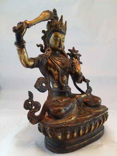 Manjushri Statue - Antique Finishing With Gold Plating