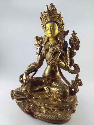 Statue Green Tara [full Fire Gold Plated], [painted Face]