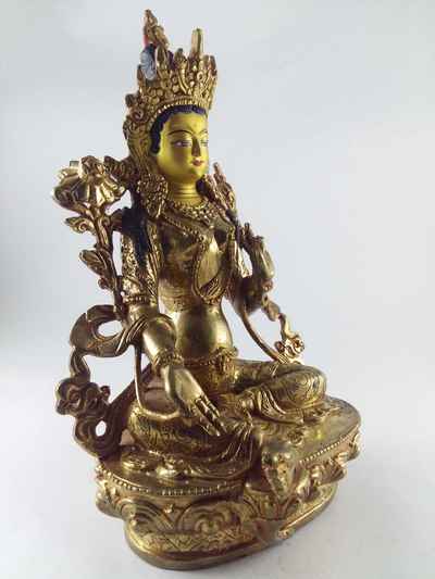 Statue Green Tara [full Fire Gold Plated], [painted Face]