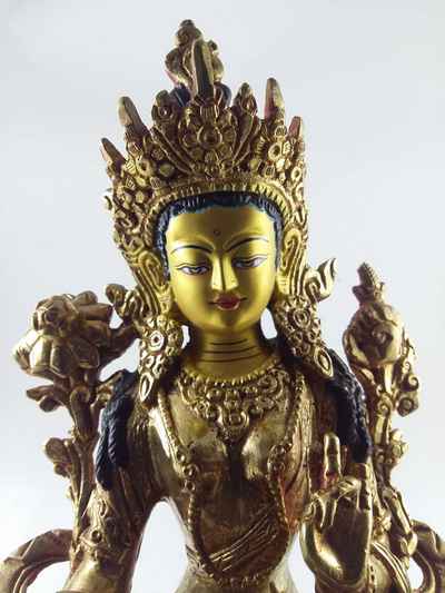 Statue Green Tara [full Fire Gold Plated], [painted Face]