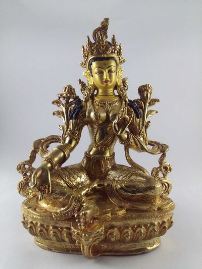 Statue Green Tara [full Fire Gold Plated], [painted Face]