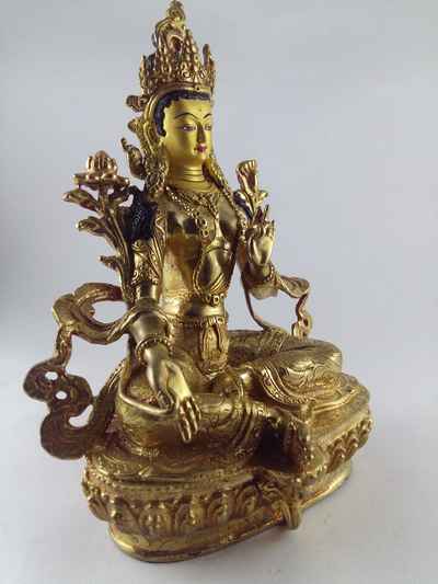 Statue Green Tara [full Fire Gold Plated], [painted Face]