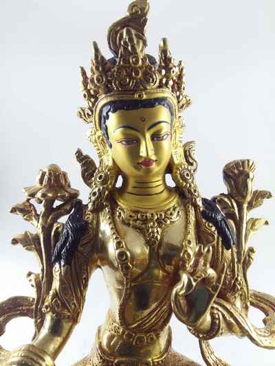 Statue Green Tara [full Fire Gold Plated], [painted Face]