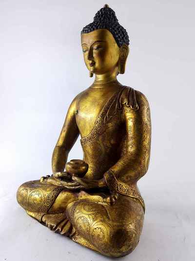 Amitabha Buddha - [full Gold Plated], Antique Finishing With [painted Face]