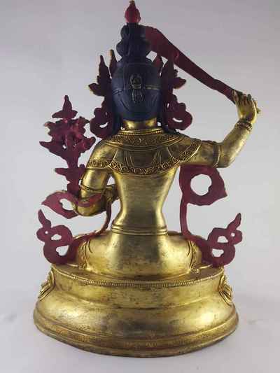 Manjushri Statue Copper [full Gold Plated], With [painted Face], And Double Lotus Base