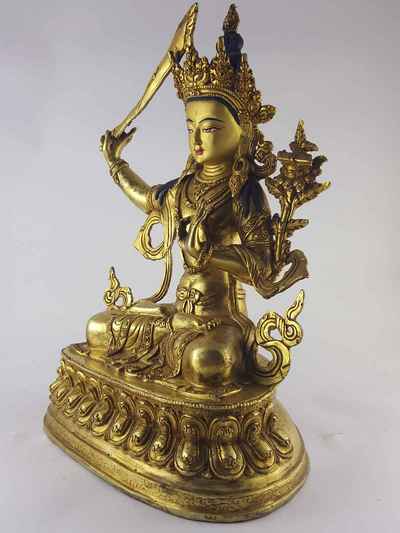 Manjushri Statue Copper [full Gold Plated], With [painted Face], And Double Lotus Base