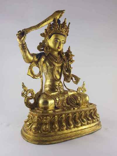 Manjushri Statue Copper [full Gold Plated], With [painted Face], And Double Lotus Base