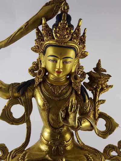 Manjushri Statue Copper [full Gold Plated], With [painted Face], And Double Lotus Base