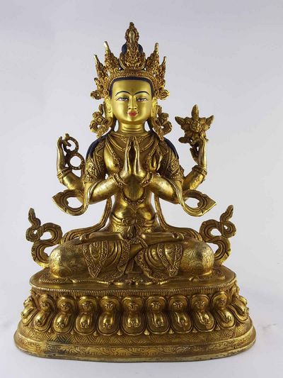 Chenrezig Statue Copper [full Gold Plated] Statue With [painted Face]