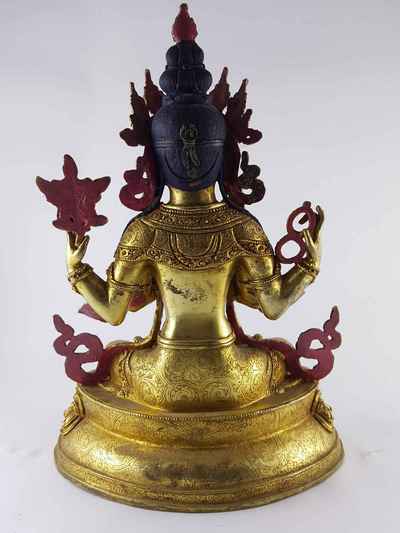 Chenrezig Statue Copper [full Gold Plated] Statue With [painted Face]