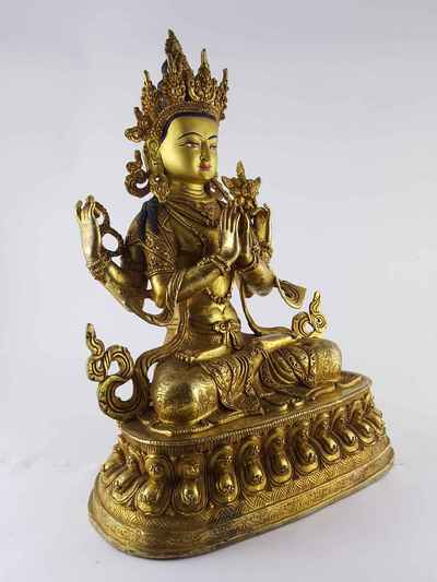 Chenrezig Statue Copper [full Gold Plated] Statue With [painted Face]